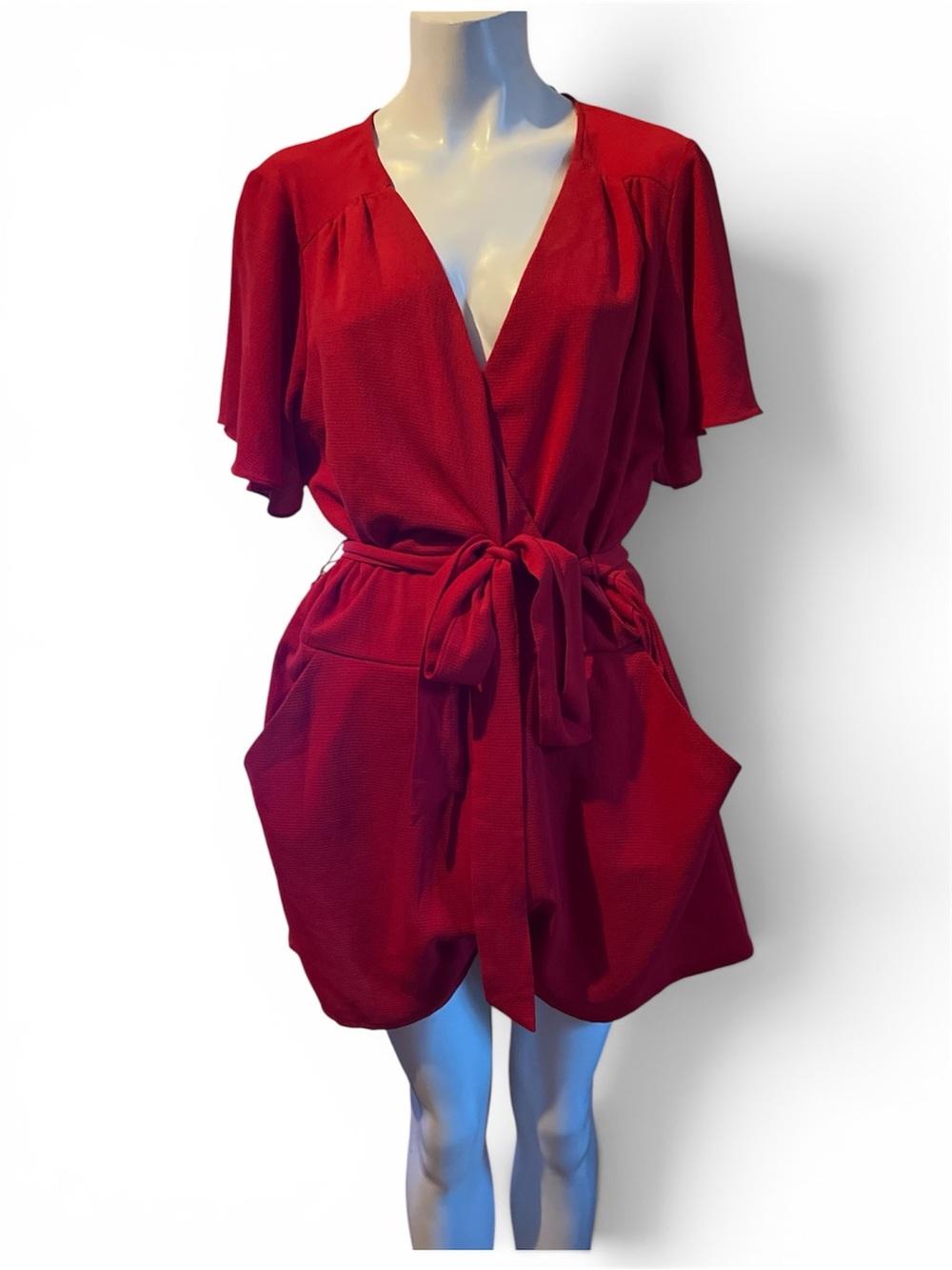 Red Tie-Waist Romper with Flutter Sleeves -
